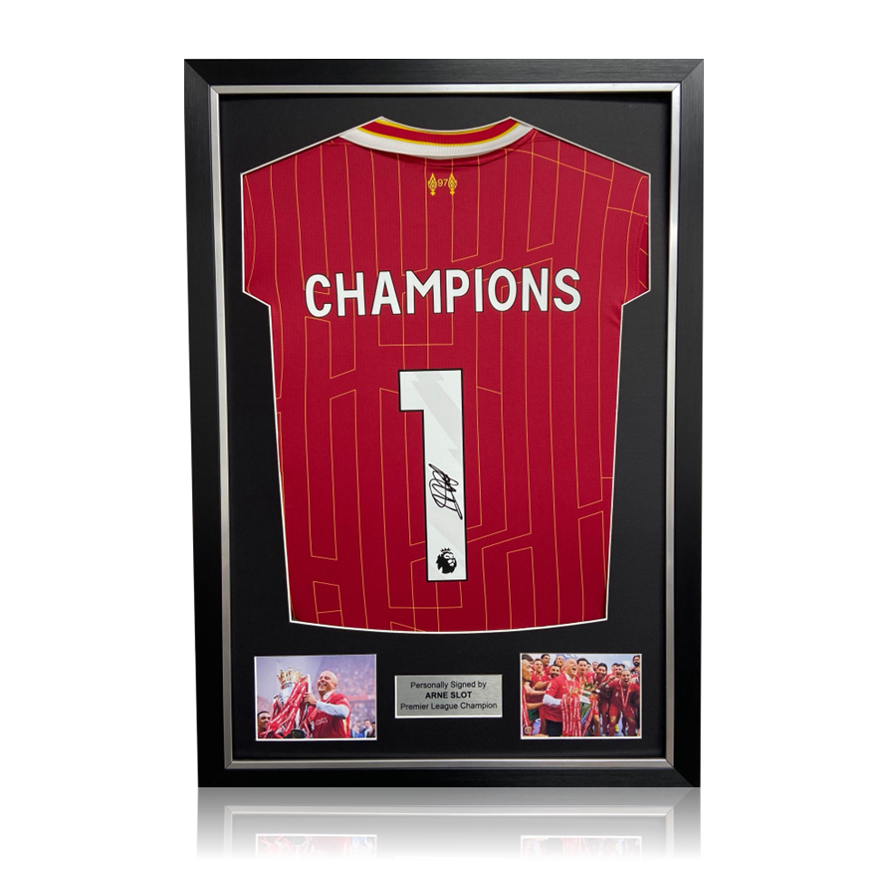 Arne Slot Hand Signed Liverpool 2024-25 #1 'CHAMPIONS' Home Shirt In Deluxe Classic Frame