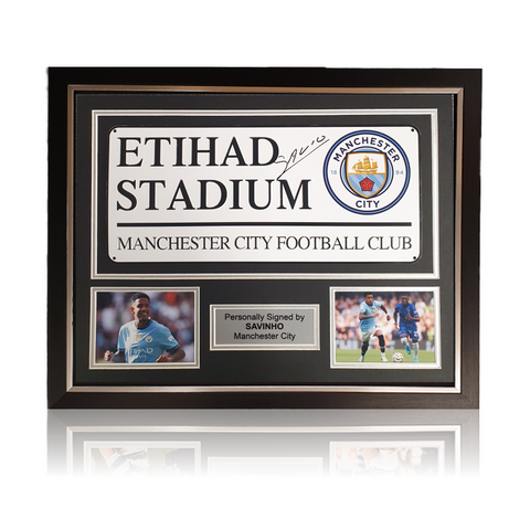 Savinho Hand Signed 'Etihad Stadium' Sign In Deluxe Classic Frame