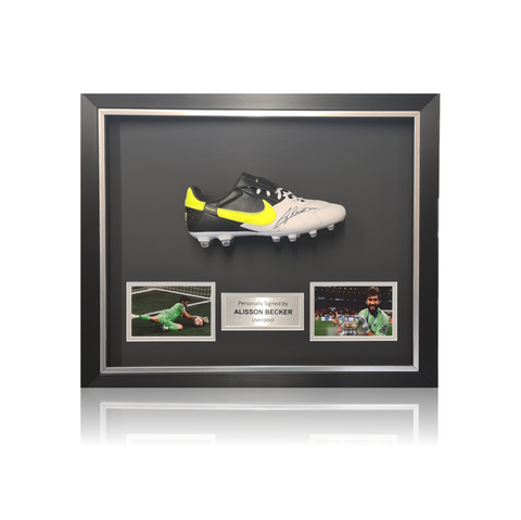 Alisson Becker Hand Signed White/Yellow Nike Premier 3 Football Boot In Deluxe Classic Dome Frame
