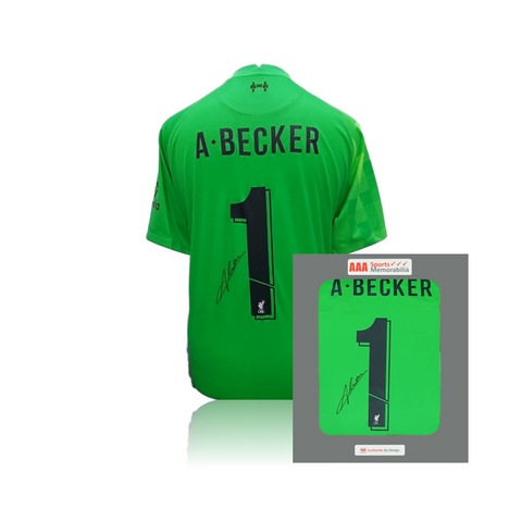 Alisson Becker Hand Signed Liverpool Green Keeper Shirt in AAA Gift Box