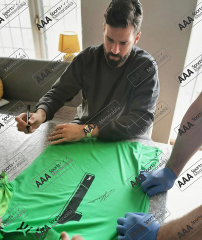 Alisson Becker Hand Signed Liverpool Green Keeper Shirt in AAA Gift Box