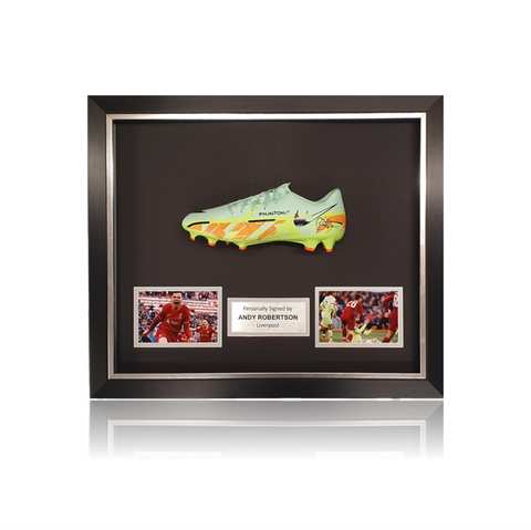 Andy Robertson Hand Signed GREEN Nike Football Boot In Deluxe Classic Dome Frame