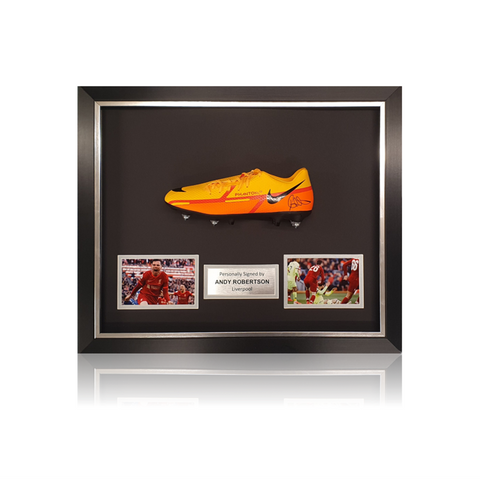Andy Robertson Hand Signed ORANGE Nike Football Boot In Deluxe Classic Dome Frame