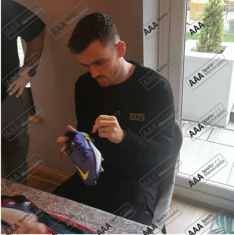 Andy Robertson Hand Signed PURPLE Nike Football Boot In Deluxe Classic Dome Frame
