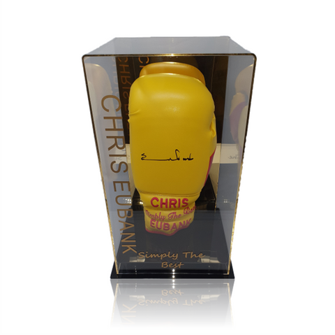 Chris Eubank Snr Hand Signed ‘TRADEMARK’ Yellow Boxing Glove in Chris Eubank Acrylic Display Case