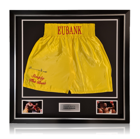 Chris Eubank Snr HAND Signed ‘TRADEMARK’ Yellow Boxing Shorts In Deluxe Classic Frame