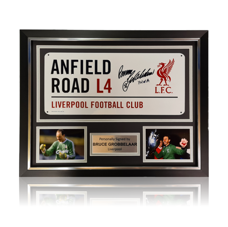 Bruce Grobbelaar Hand Signed ‘Anfield Road’ Metal Sign In Deluxe Classic Frame