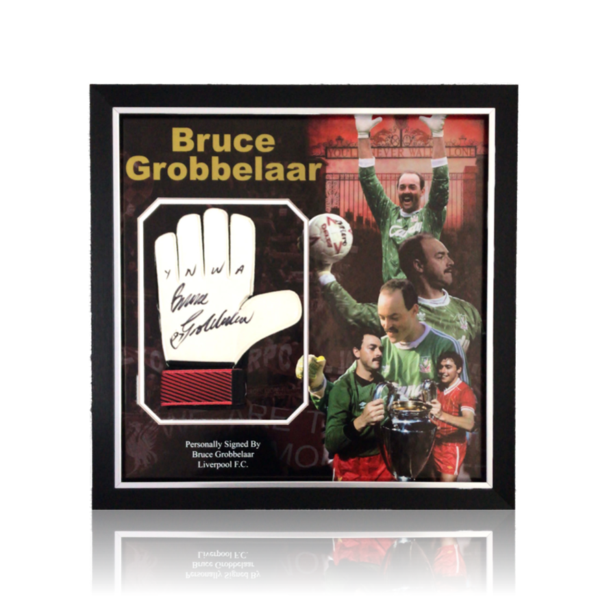 Bruce Grobbelaar Hand Signed RED Umbro Goalkeepers Glove In Deluxe Classic Frame.