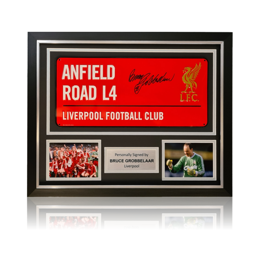 Bruce Grobbelaar Hand Signed RED ‘Anfield Road’ Metal Sign In Deluxe Classic Frame