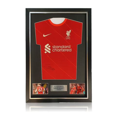 Harvey Elliott FRONT Hand Signed Liverpool 2021-22 Home Shirt In Deluxe Classic Frame