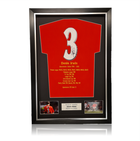 Denis Irwin Hand Signed #3 Career Honours Shirt in Deluxe Classic Frame