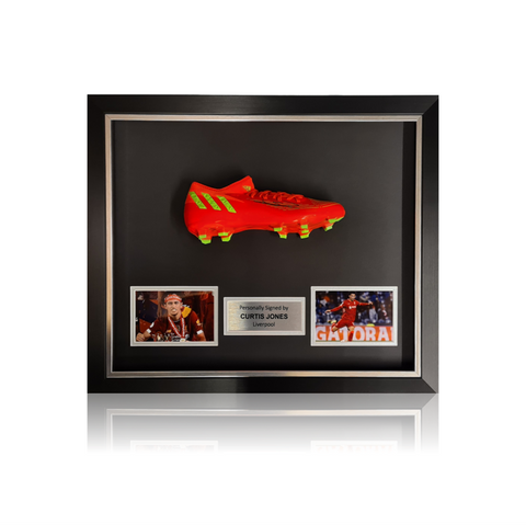 Curtis Jones hand signed ORANGE Adidas Football Boot in Classic Dome Frame
