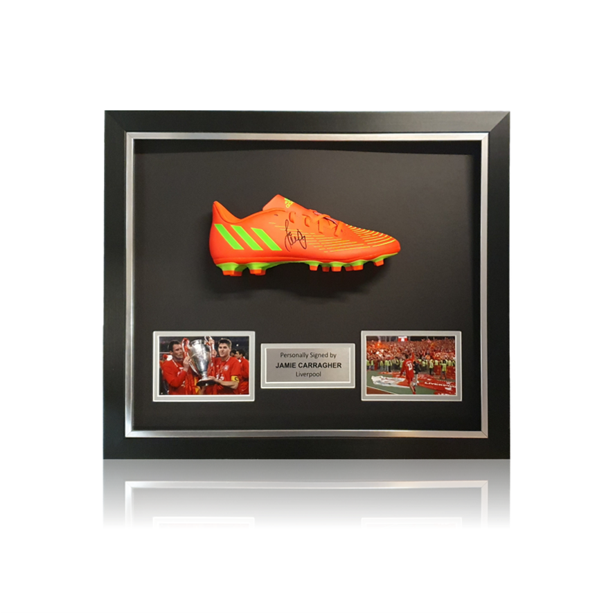 Jamie Carragher Signed ORANGE Football Boot In Deluxe Classic Dome Frame