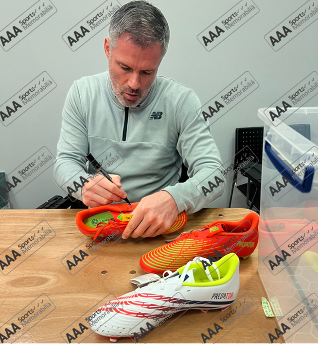 Jamie Carragher Signed ORANGE Football Boot In Deluxe Classic Dome Frame