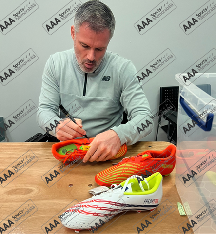 Jamie Carragher Signed ORANGE Football Boot In Deluxe Classic Dome Frame