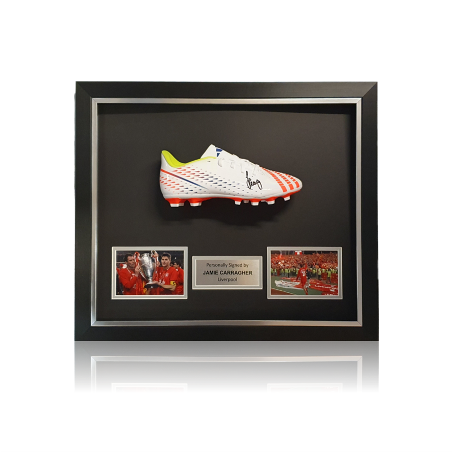 Jamie Carragher Signed WHITE Football Boot In Deluxe Classic Dome Frame