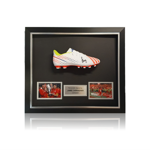 Jamie Carragher Signed WHITE Football Boot In Deluxe Classic Dome Frame