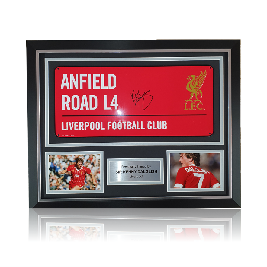 Sir Kenny Dalglish Hand Signed 'Anfield Road' RED Metal Plaque In Deluxe Classic Frame