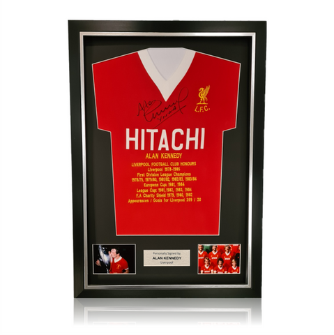 Alan Kennedy Hand Signed HITACHI Honours Shirt in Deluxe Classic Frame
