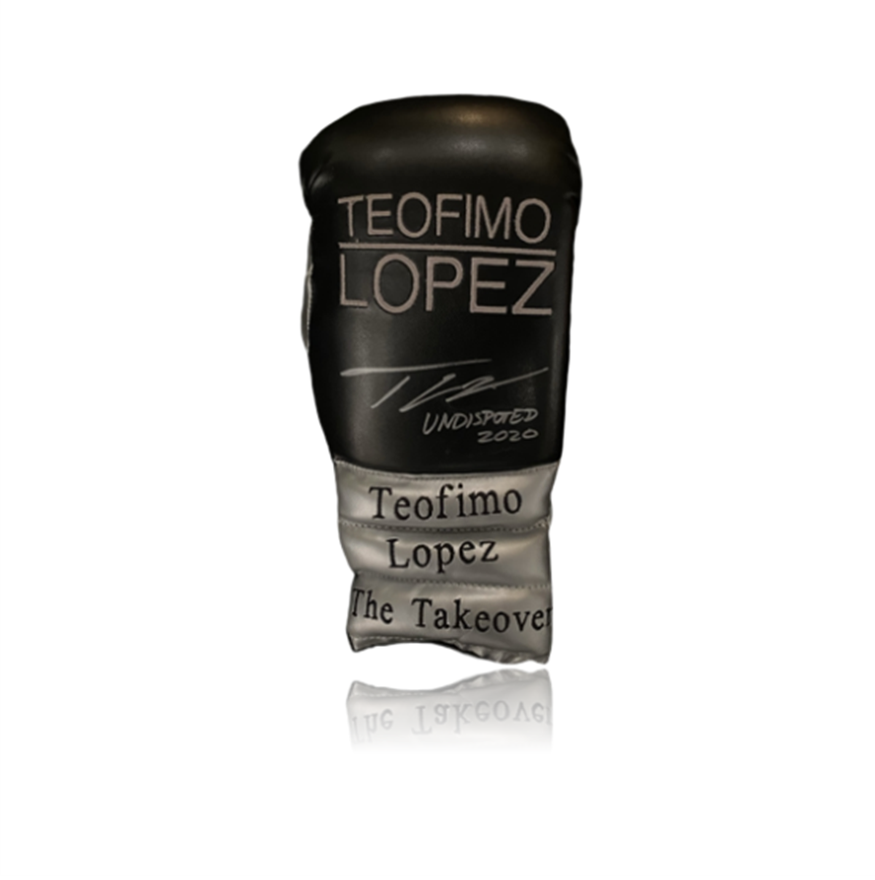 Teófimo 'THE TAKEOVER' López Hand Signed Black/Silver Glove in Deluxe Dome Frame