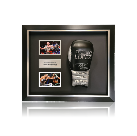 Teófimo 'THE TAKEOVER' López Hand Signed Black/Silver Glove in Deluxe Dome Frame