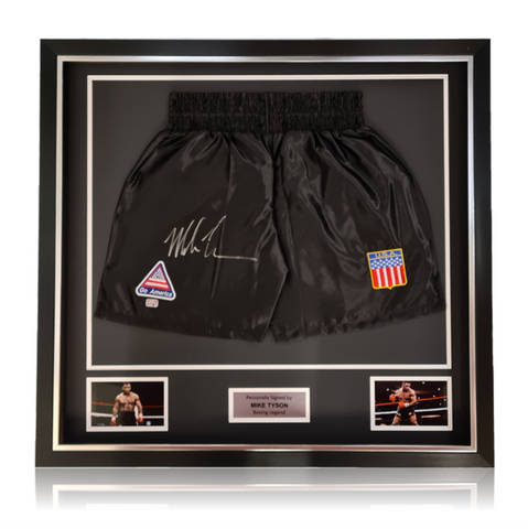 Mike Tyson Hand Signed Black ‘USA’ Boxing Shorts in Deluxe Classic Frame