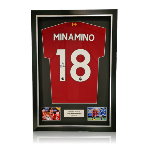 Takumi Minamino Hand Signed Liverpool 2019-20 Home Shirt in Deluxe Classic Frame
