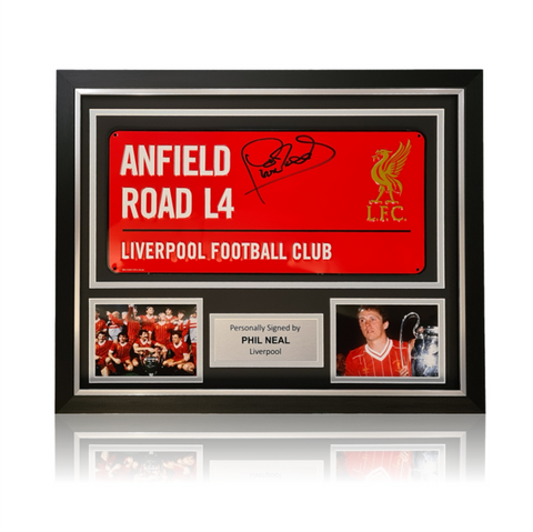 Phil Neal Hand Signed RED ‘Anfield Road’ Metal Sign In Deluxe Classic Frame
