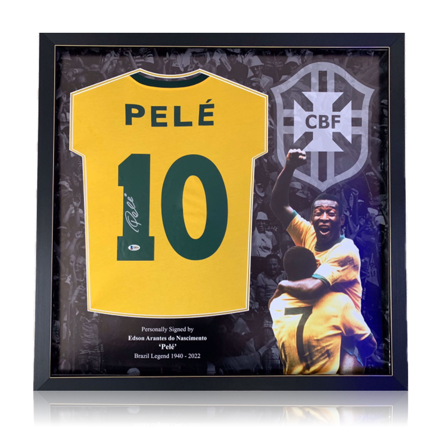 Pele Hand Signed Brazil 10 Football Shirt In Deluxe Montage Frame Bec AAA Sports Memorabilia