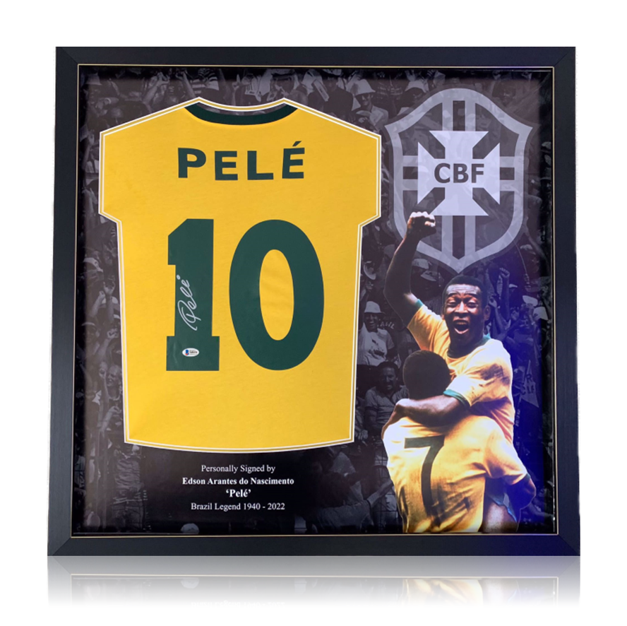 Pele Hand Signed Brazil #10 Football Shirt In Deluxe Montage Frame Beckett Cert.