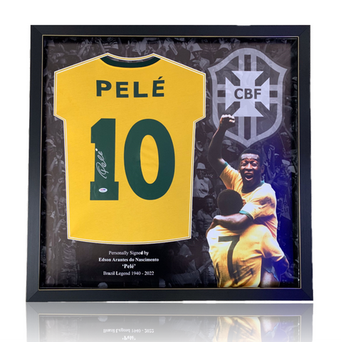Pele Hand Signed Brazil #10 Football Shirt In Deluxe Montage Frame PSA/DNA Cert.