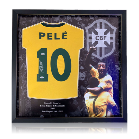 Pele Hand Signed Brazil #10 Football Shirt In Deluxe Montage Frame PSA/DNA & Beckett Cert.