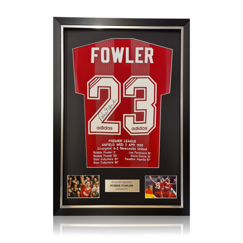 Robbie Fowler hand signed Liverpool 1995/96 Home STATS Shirt in Deluxe Classic Frame