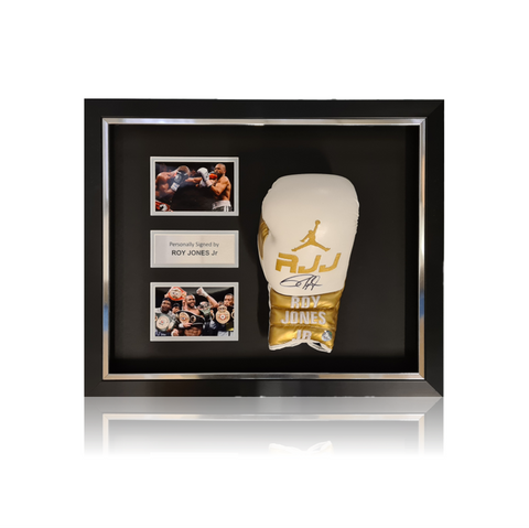 Roy Jones Jr (RJJ) White/Gold Boxing Glove In Deluxe Acrylic Dome Frame