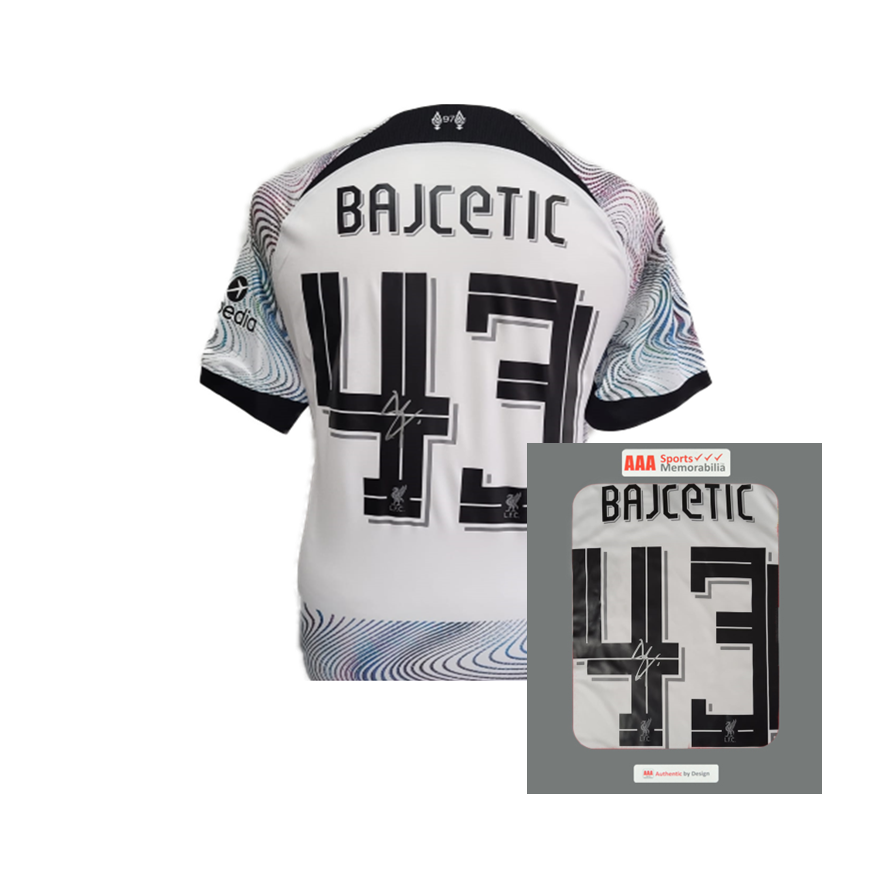 Stefan Bajcetic hand signed Liverpool 2022/23 Away Shirt in AAA Gift Box