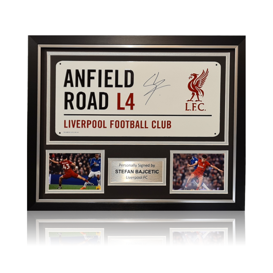 Stefan Bajcetic Hand Signed Anfield Road Sign In Classic Frame