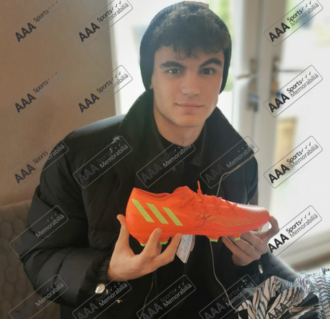 Stefan Bajcetic hand signed ORANGE Adidas Football Boot In Deluxe Classic Dome Frame