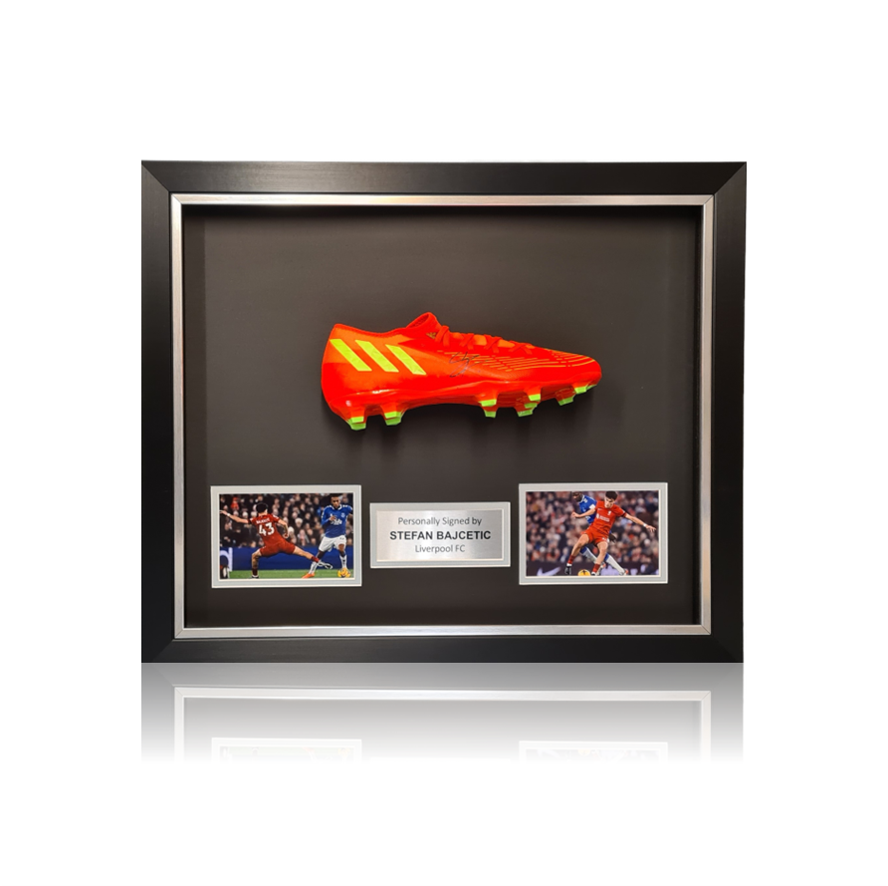 Stefan Bajcetic hand signed ORANGE Adidas Football Boot In Deluxe Classic Dome Frame