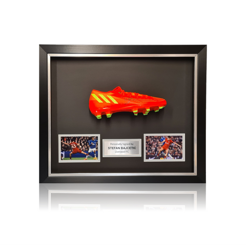 Stefan Bajcetic hand signed ORANGE Adidas Football Boot In Deluxe Classic Dome Frame