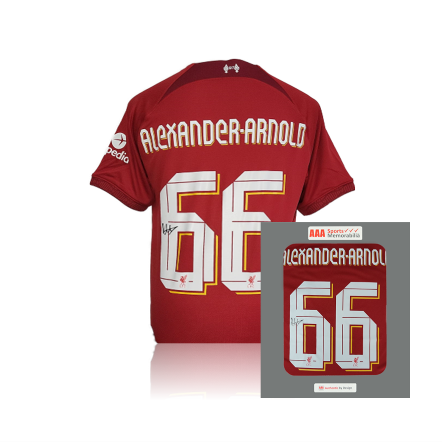 Trent Alexander-Arnold Hand Signed Liverpool 2022-23 Home Shirt in Trent Alexander-Arnold Hand Signed Liverpool 2022-23 Home Shirt in