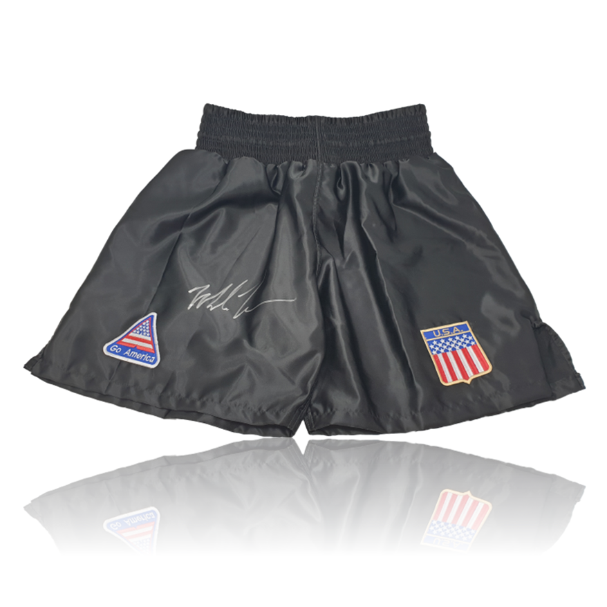 Mike Tyson Hand Signed Black ‘USA’ Boxing Shorts in Deluxe Classic Frame